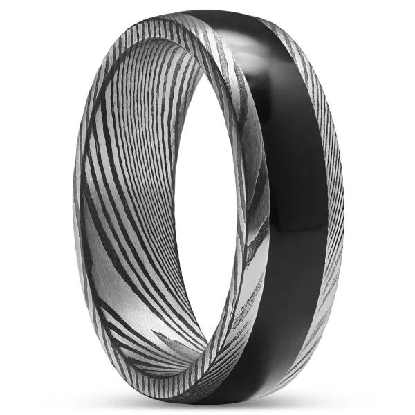 Lucleon Fortis | Bague En Acier Damas Gris Gunmetal Et Argent Avec Incrustation En Onyx – 7 Mm 1