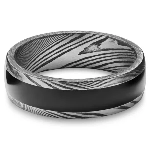 Lucleon Fortis | Bague En Acier Damas Gris Gunmetal Et Argent Avec Incrustation En Onyx – 7 Mm 18