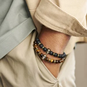 Arkai Bracelets Dorés Rico En Pierre De Lave, Oeil De Tigre Et Pendentif Crâne 10