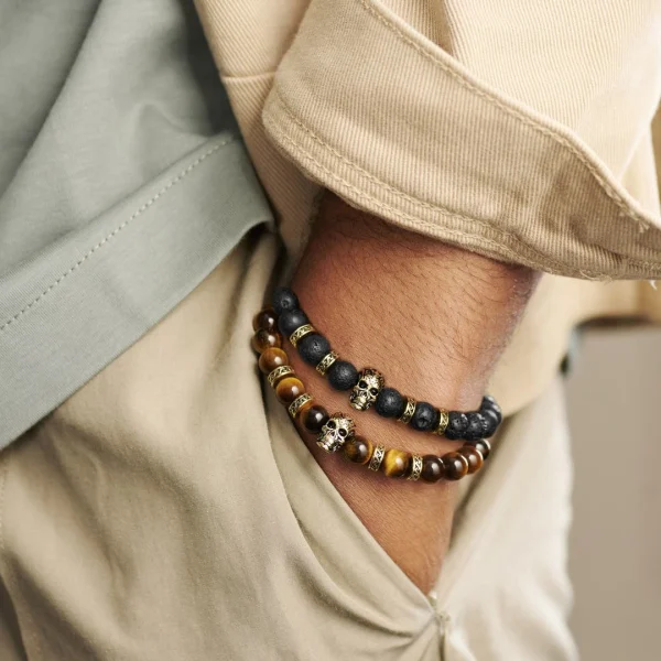 Arkai Bracelets Dorés Rico En Pierre De Lave, Oeil De Tigre Et Pendentif Crâne 3