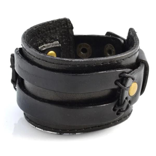 Collin Rowe Bracelet Large En Cuir Noir à 2 Bandes 1