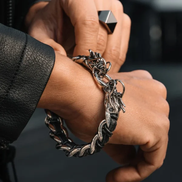 Fort Tempus Bracelet Double Dragon En Cuir Et En Acier 4