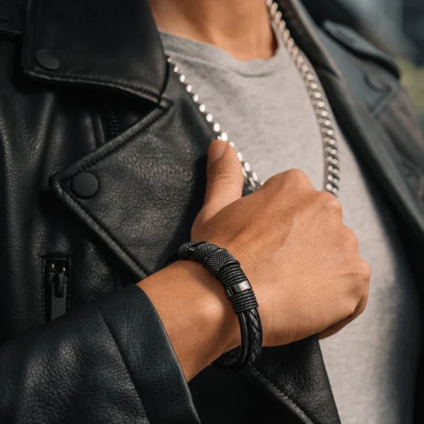 Lucleon Bracelet En Cuir Et En Acier Noir Icon 4