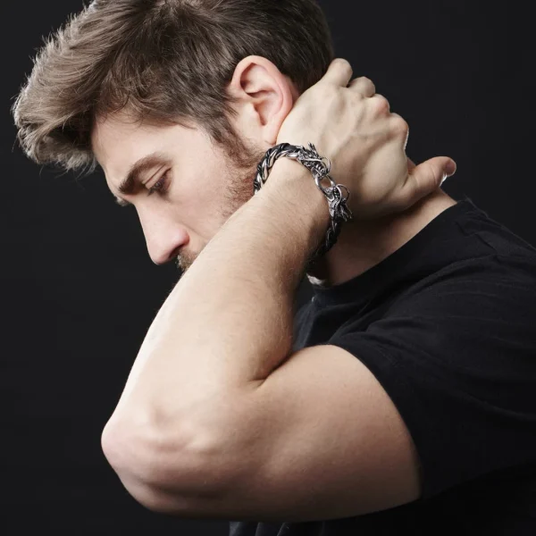 Fort Tempus Bracelet Double Dragon En Cuir Et En Acier 6
