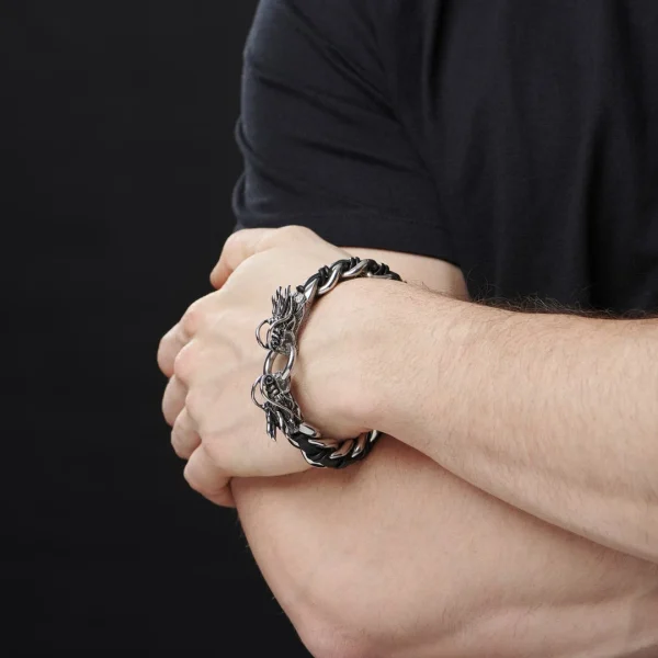 Fort Tempus Bracelet Double Dragon En Cuir Et En Acier 5