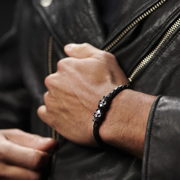 Fort Tempus Bracelet En Cuir & Crânes Noirs 6
