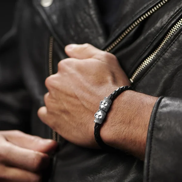 Fort Tempus Bracelet En Cuir & Crânes Argentés 6