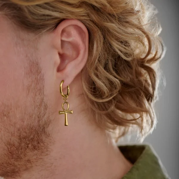 Lucleon Boucle D’oreille En Acier Doré Avec Pendentif Ankh 3