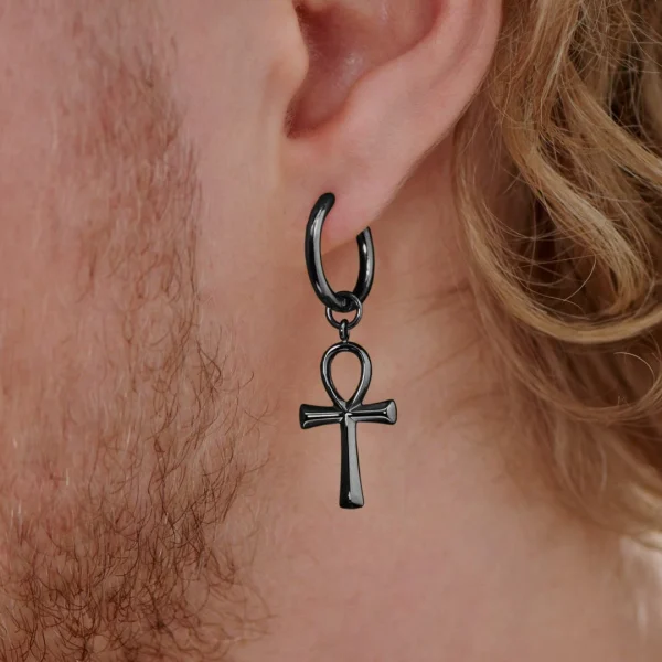 Lucleon Boucle D’oreille En Acier Noir Avec Pendentif Ankh 6
