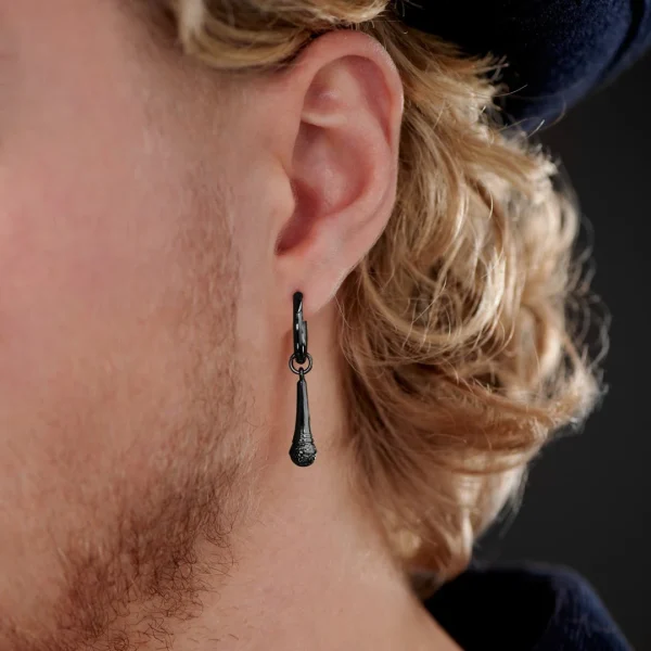 Lucleon Boucle D’oreille En Acier Noir Avec Pendentif Microphone 3