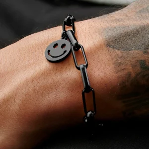 Lucleon Bracelet Amager Clarke Couleur Gris Gunmetal à Maille Torsadée Et Maille Gourmette Avec Pendentif Smiley 18