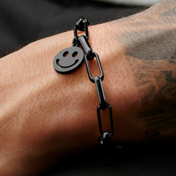 Lucleon Bracelet Amager Clarke Couleur Gris Gunmetal à Maille Torsadée Et Maille Gourmette Avec Pendentif Smiley 7