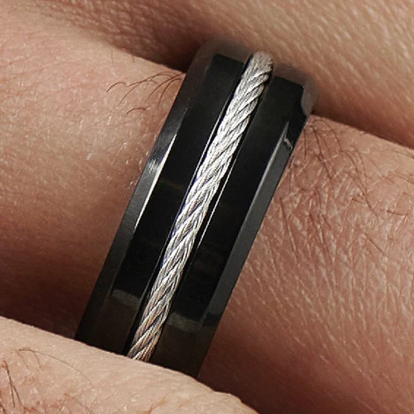 Lucleon Anneau Noir Serti D’un Câble En Métal Argenté 6