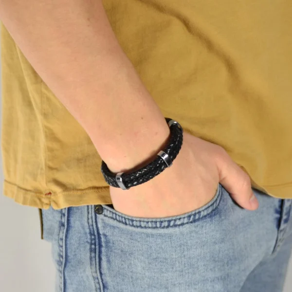 Fort Tempus Bracelet En Cuir Noir Tressé Double 5
