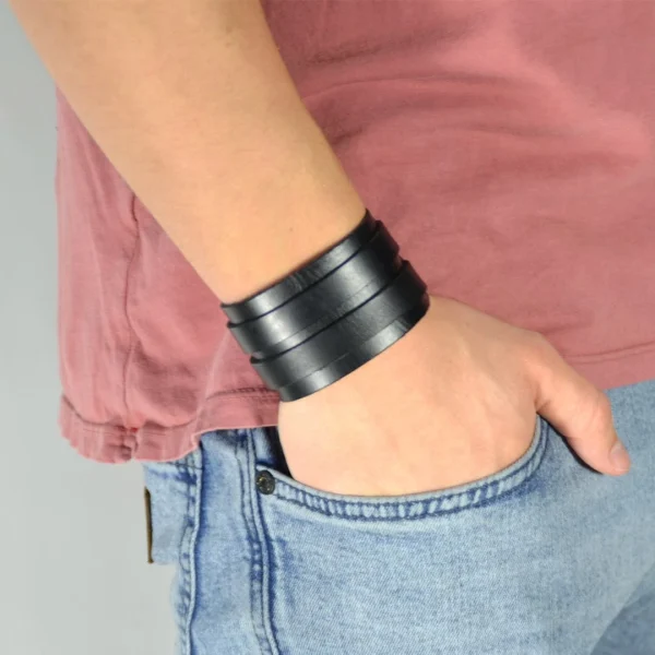 Collin Rowe Bracelet En Cuir Noir élégant à 2 Bandes 4
