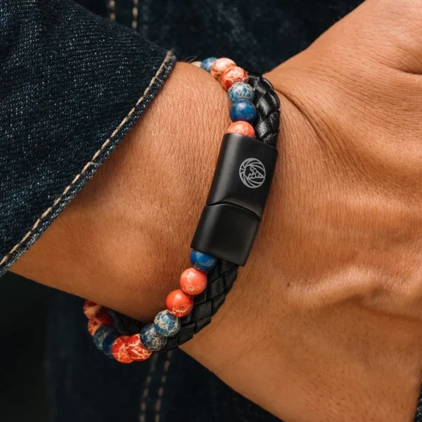 Lucleon Bracelet En Cuir Et En Pierres De Jaspe Rouge Et Bleu Icon 6