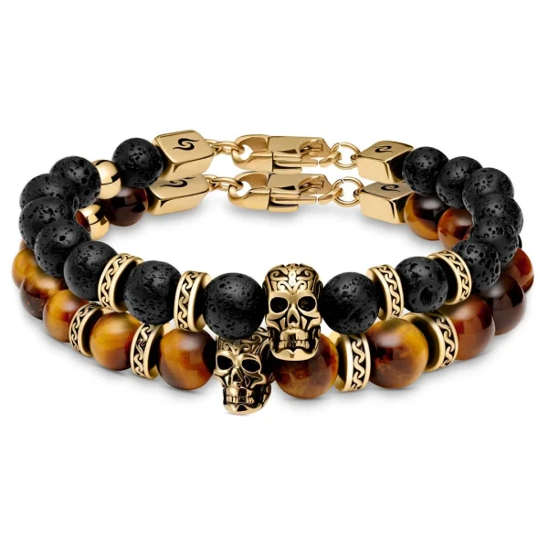 Arkai Bracelets Dorés Rico En Pierre De Lave, Oeil De Tigre Et Pendentif Crâne 1